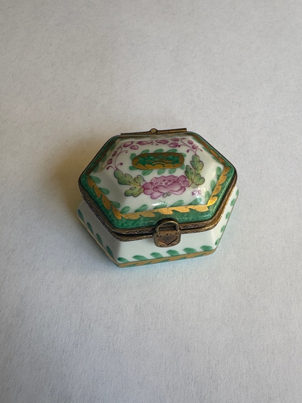 Limoges Hand-Painted Ceramic Hexagon Trinket Box - White & Green Floral